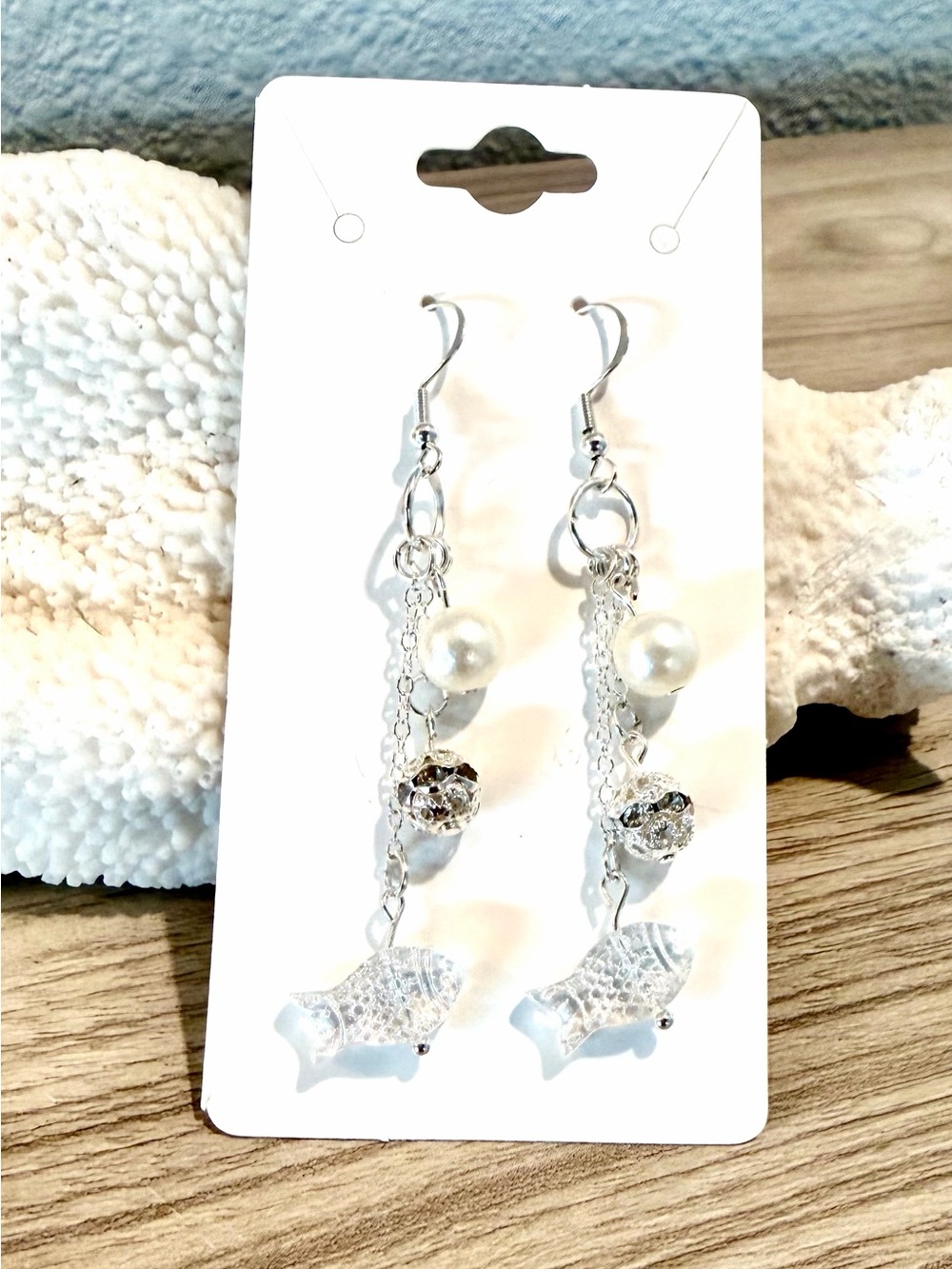 78. Handmade Pearl & Fish Dangle Earrings - Silver and White